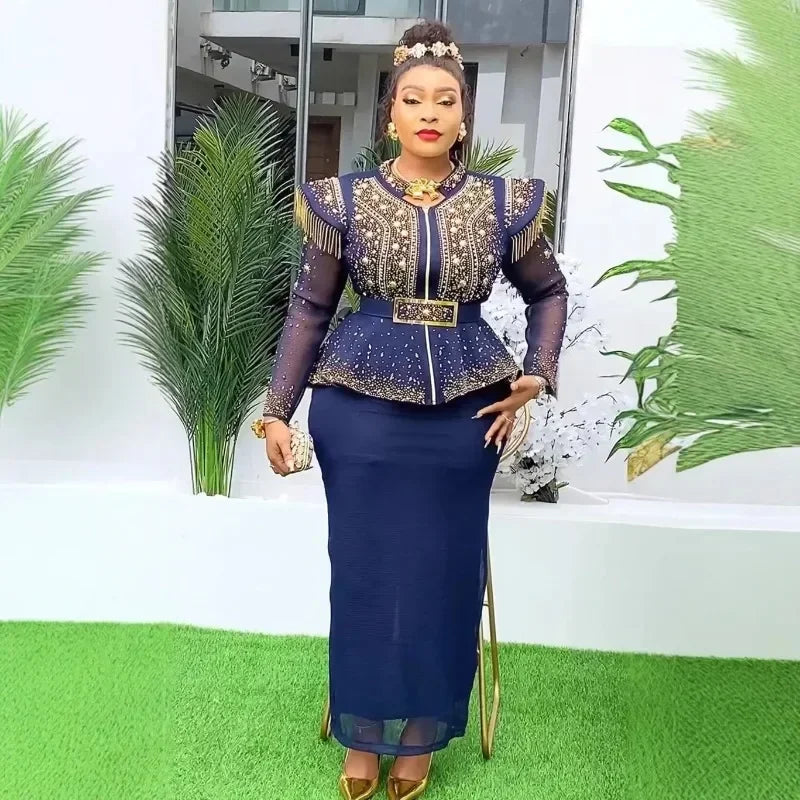 2025 Spring African Clothes for Women 2 PCS Sets Tops and Skirts Suit Dashiki Ankara Outfit Robe Plus Size Wedding Party Dresses