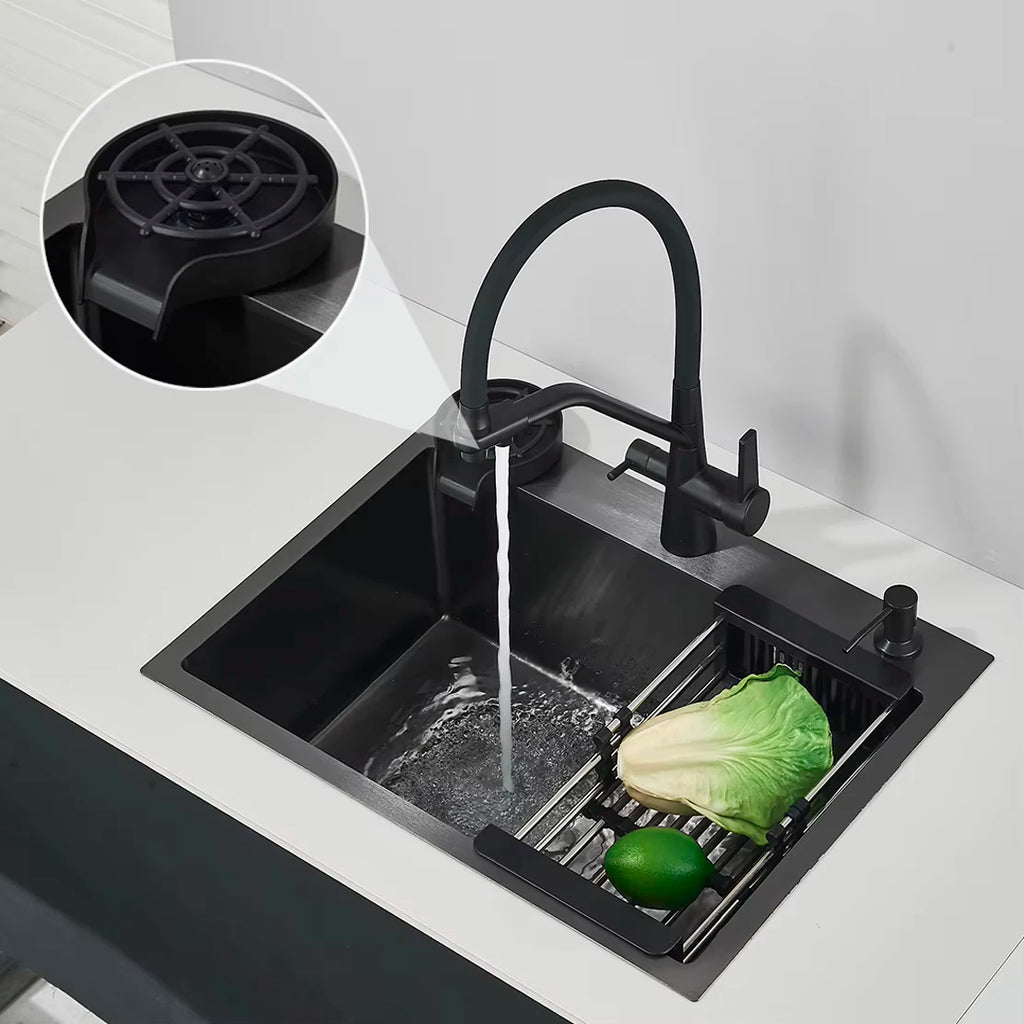 Matte Black 304 Stainless Steel kitchen Sinks Cold And Hot Water Mixer With Soap Dispenser And Cup Disher