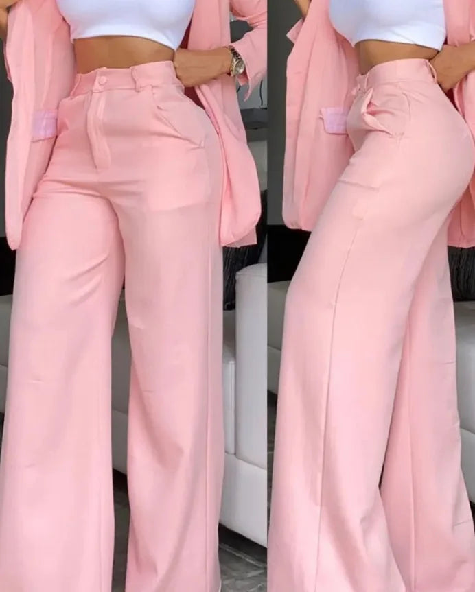 Women Pant Sets Two Piece Set Pants Turn Down Collar Single Breasted Tracksuit Outerwear Ankle Length Straight Pockets Loose