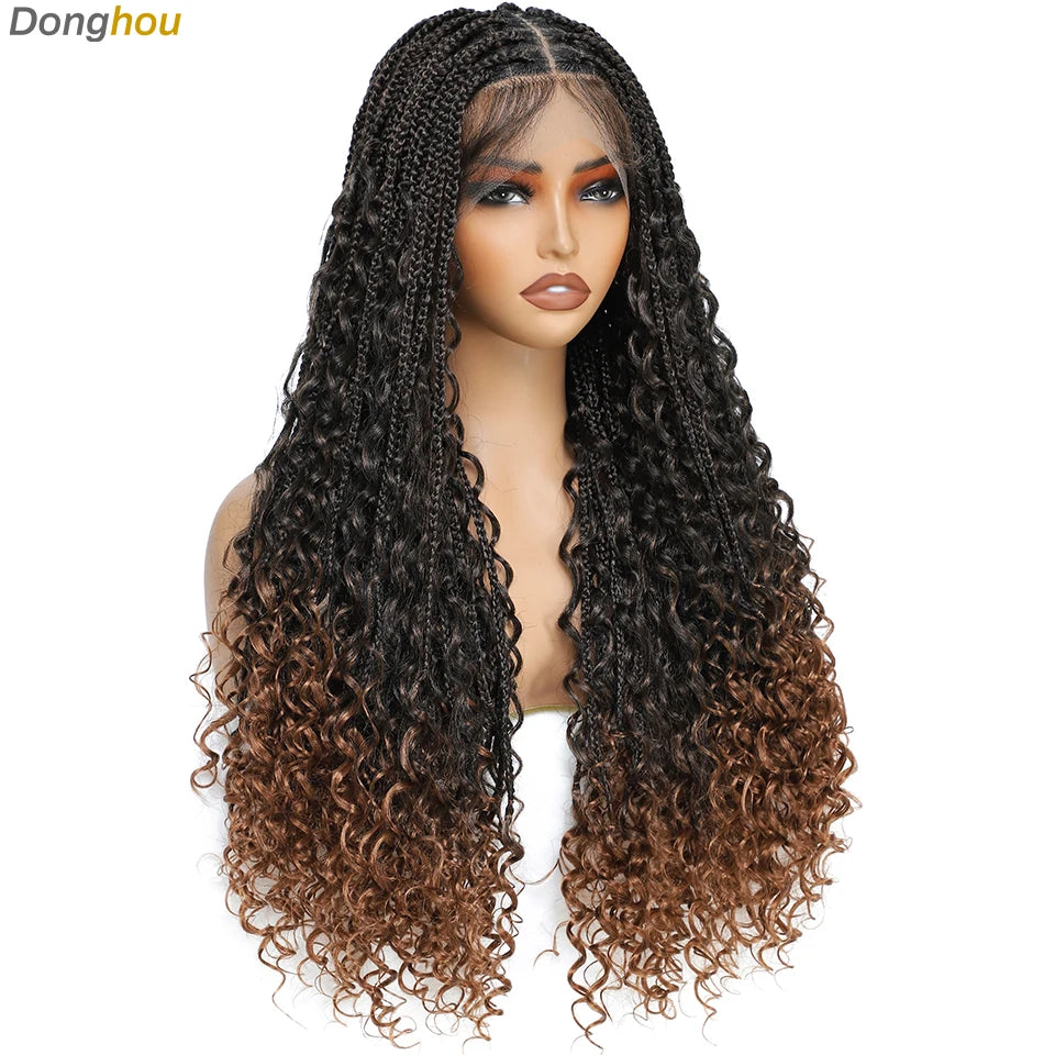 Ombre Boho Knotless Braided Wigs for Black Women 1B T30 Colors Bohemian Box Braids Wigs Perruques Tresses Africaines Naturelles