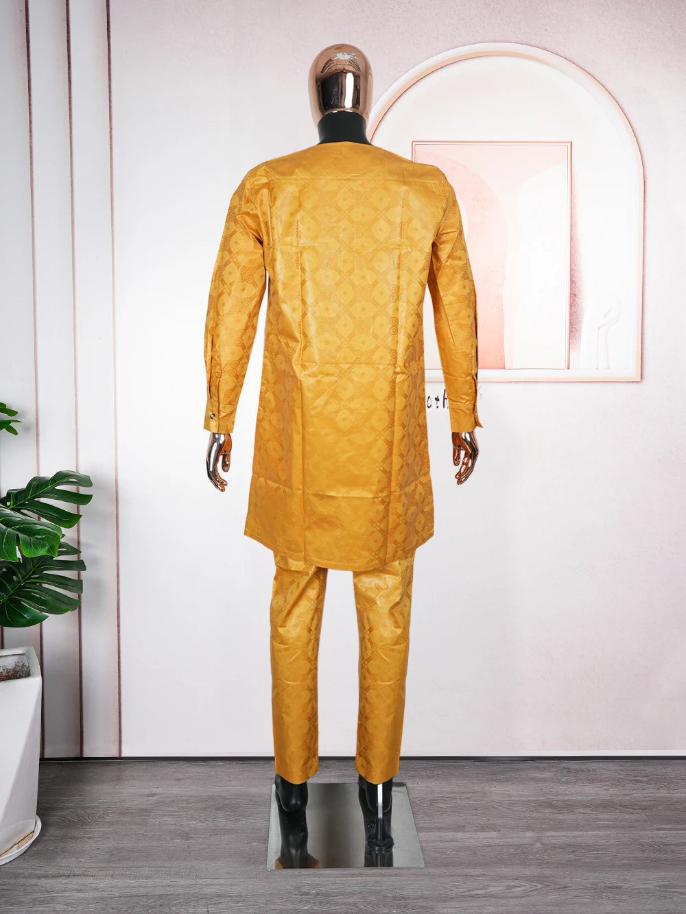 H&D African Clothes Men Native Wear Formal Traditional Embroidery Bazin Riche Dashiki Yellow Shirt Pants 3PCS Bubu Dress Suit