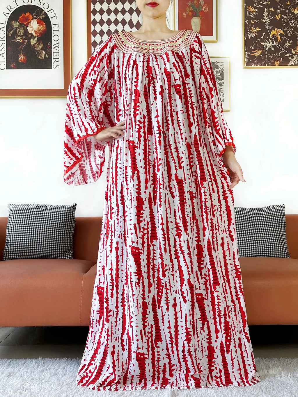 Summer Dress Embroidered Round Neck Cotton Women Long Loose Abaya Boho Maxi Dress Casual Fashion Dress African Vestidos