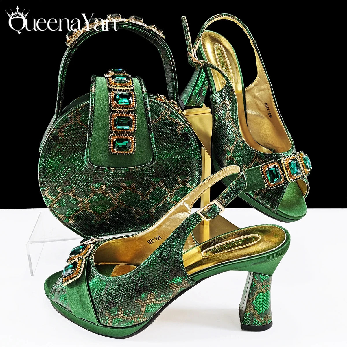 Queena Yan New Luxurious Italian Women's Party Shoes&Bag Set Elegant Golden Rhinestone  Sandals with Peep Toe High Heels Wedding