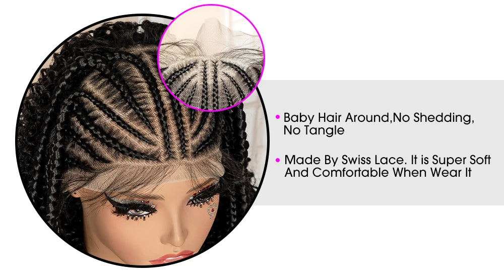 13x6 Lace Frontal Synthetic Braids Wig 22 Inches Cornrow Braided Wig with Curly Handmade Knotless Braiding Wig for Black Women