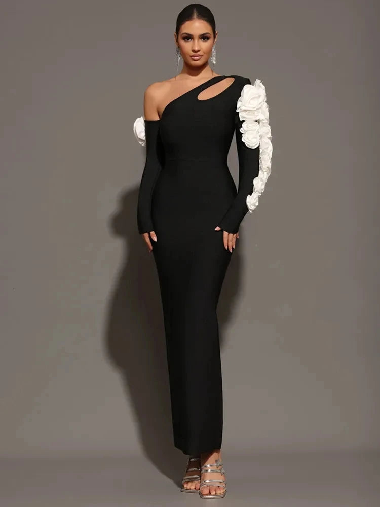 2025 New Sexy One Shoulder Key Hole Flower Maxi Long Bodycon Bandage Dress Women Knitted Elegant Evening Club Party Outfit