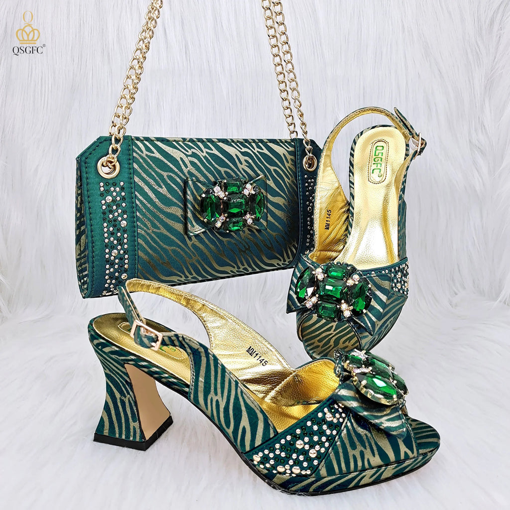 QSGFC The Latest Style Fashion Square High-Heeled Shoes Nigerian Ladies OL Commuting Or Party Bag Dual-Purpose Bag