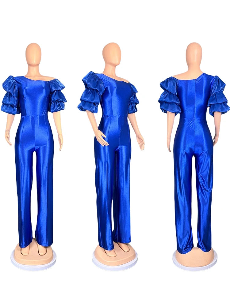 Satin Jumpsuit Woman High Quality Slash Neck Puff Sleeves Party Jumpsuits Woman Elegant Luxury Curvy Evening Jumpsuit Dress