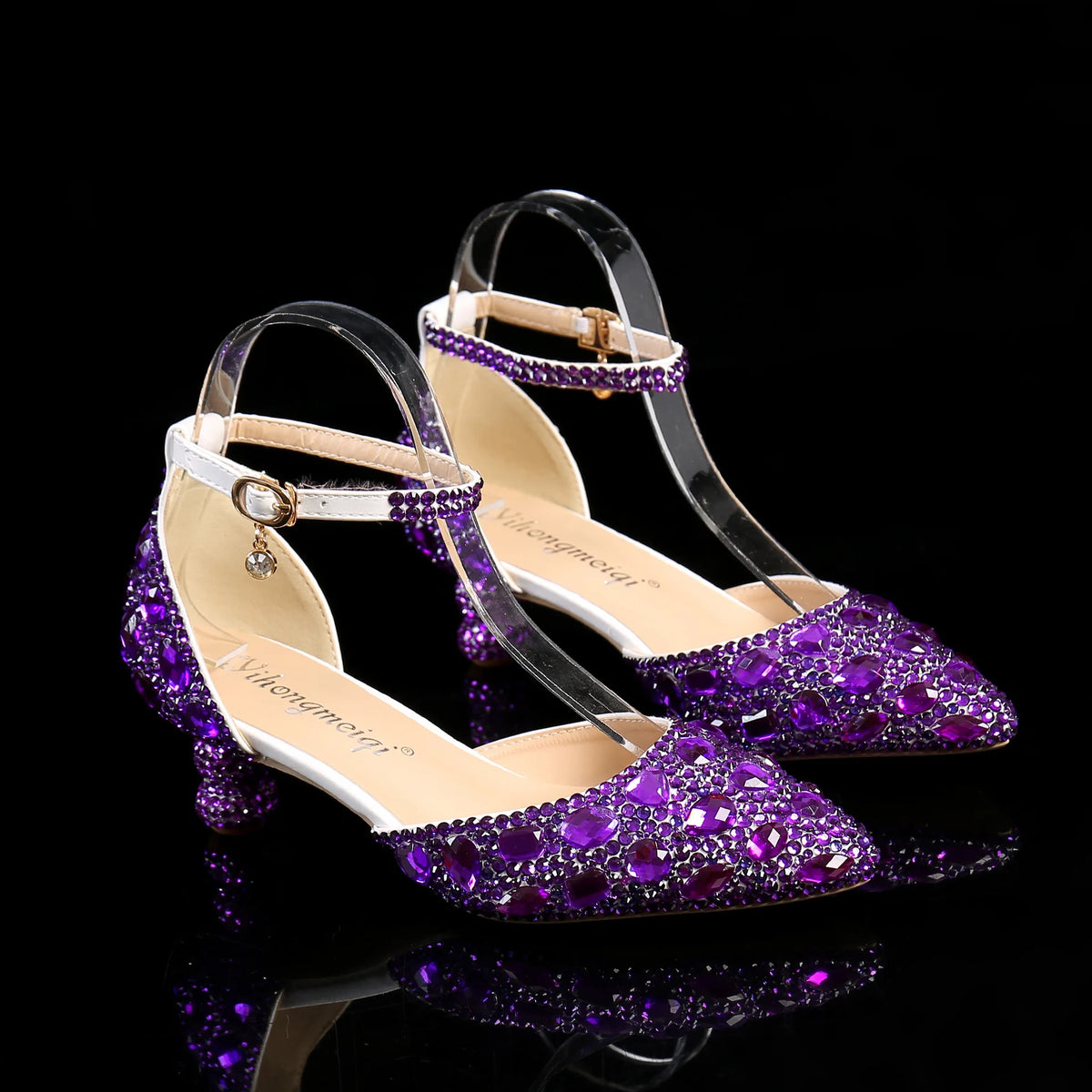 New 5cm Rhinestone shoes buckle round heel blue pointed Crystal Wedding sandals social dance Prom shoes Latin  shoes size 35-43