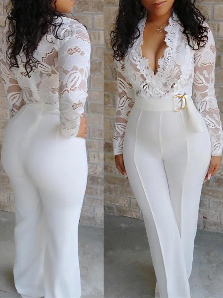 White Jumpsuit Women Overalls Elegant Lace Long One Piece High Waist Feather Y2k Sexy Wedding Party Night Evening Rompers