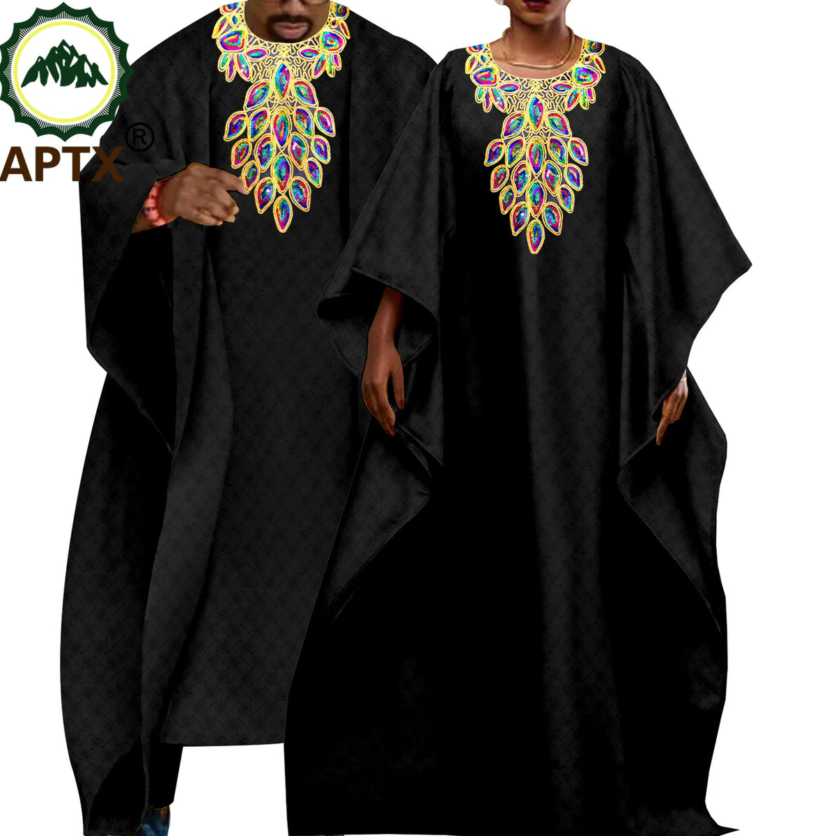 African Couple Clothes Men Embroidery Robe Shirt Pants 3 Pieces Set Women Dress V-neck Ankara Riche Attire Causal Wear T23C006