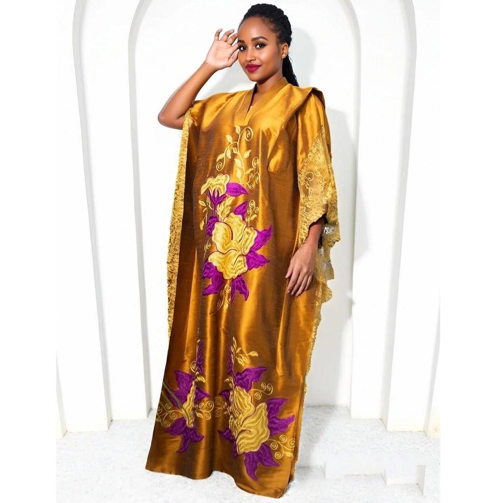 African Inspired Long Black Dress with Gold Embroidery Elegant Polycaftan for Weddings & Cultural Events