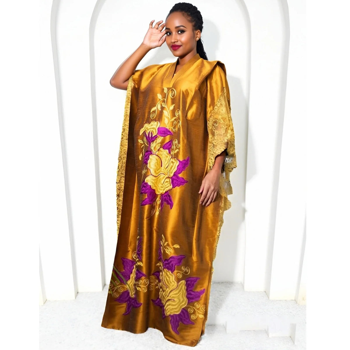 African Inspired Long Black Dress with Gold Embroidery Elegant Polycaftan for Weddings & Cultural Events