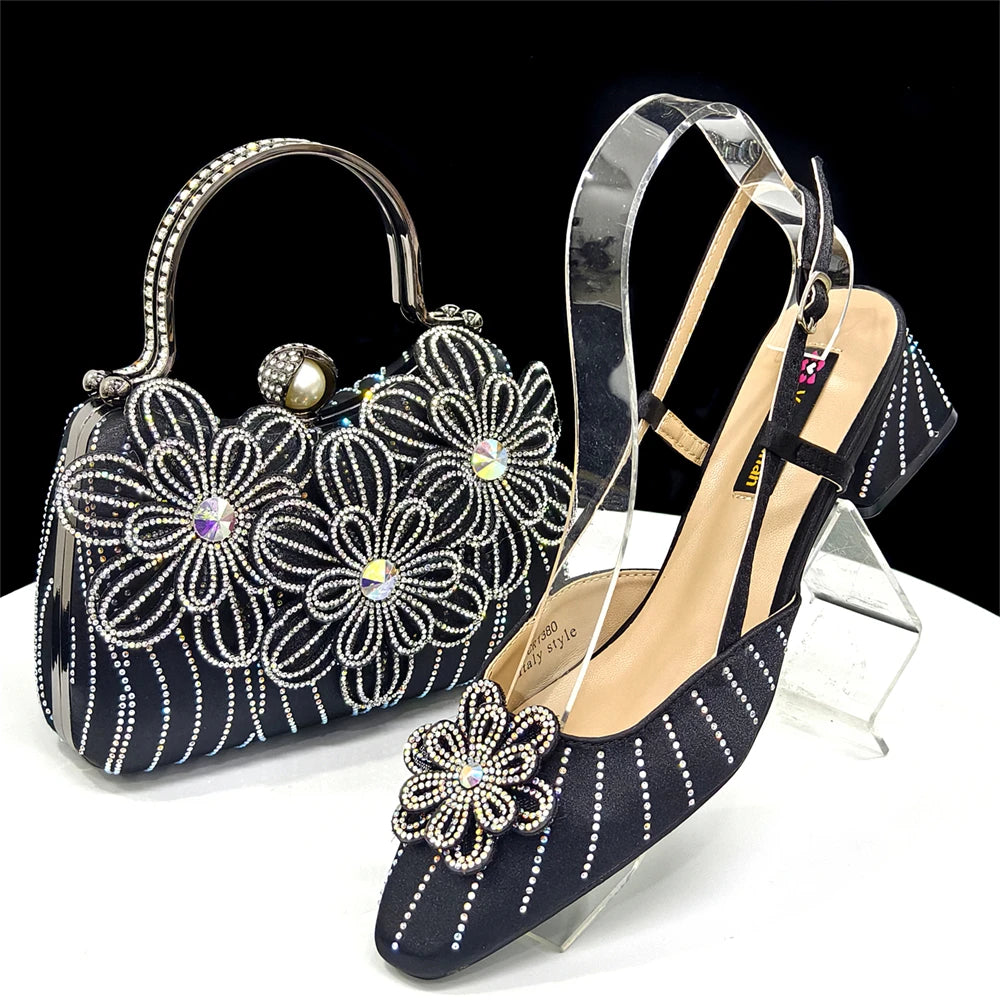 2026 New Elegant Italian Women's Black Heels with Rhinestones and Floral Accents & Matching Clutch Bag Set – Ideal for Parties