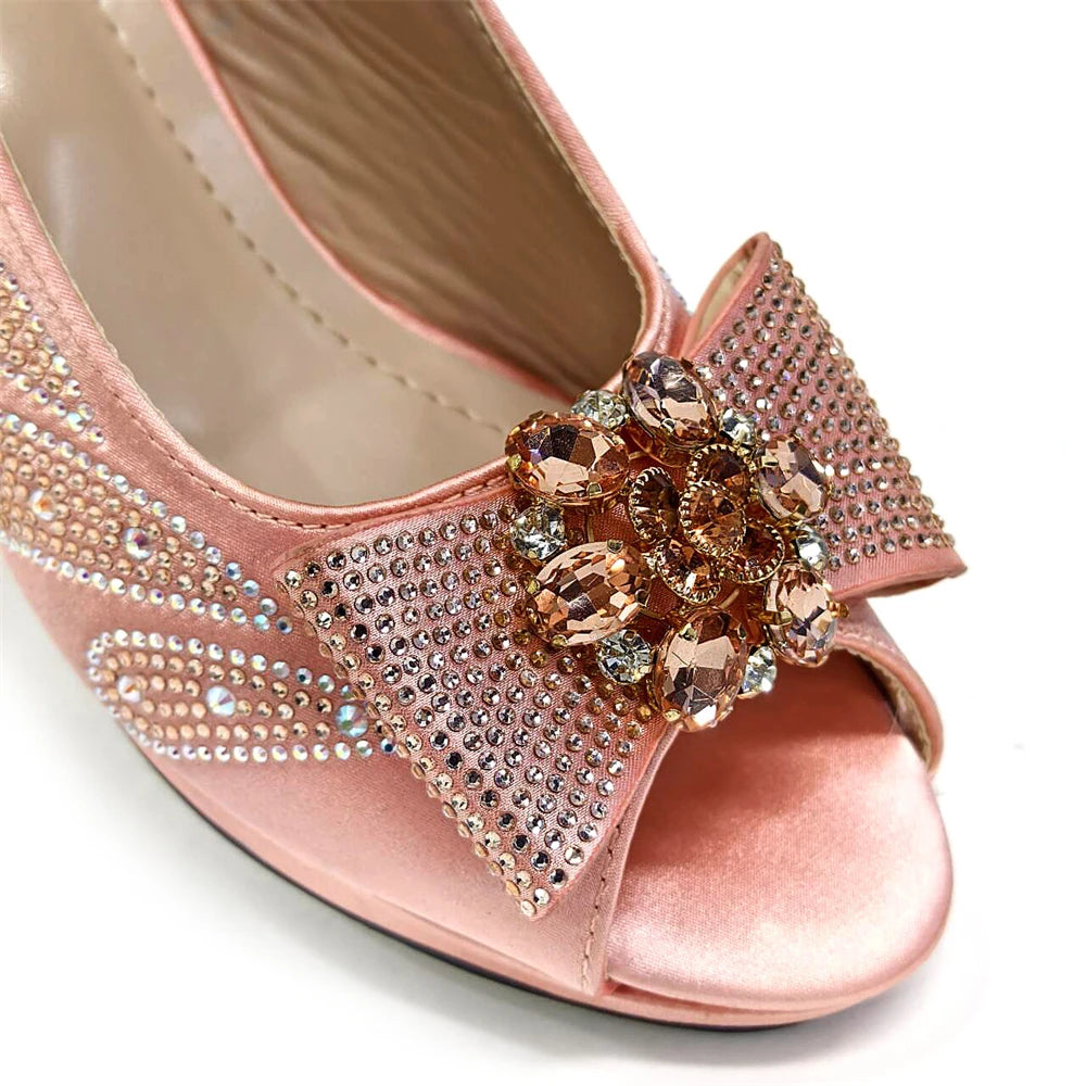 Venus Chan Italian Shoes and Bags Matching Set 2024 Peep Toe High Heels Peach Colour Bow Rhinestones Women Shoes for Party