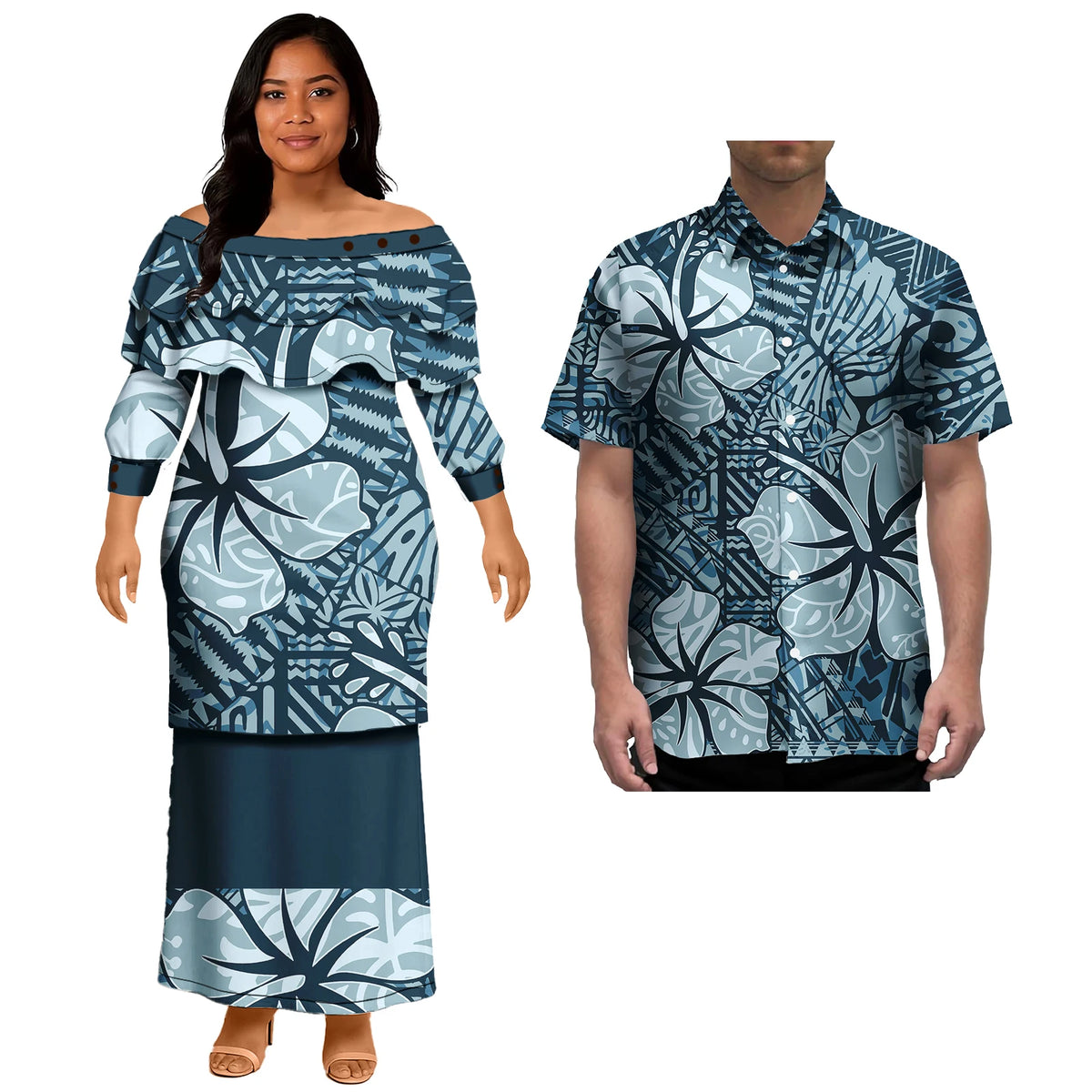 Couple Outfit Sets Ladies Evening Dresses Polynesian Pattern Design Classic Mens Hawaiian Shirts Match Women Plus Size Skirts