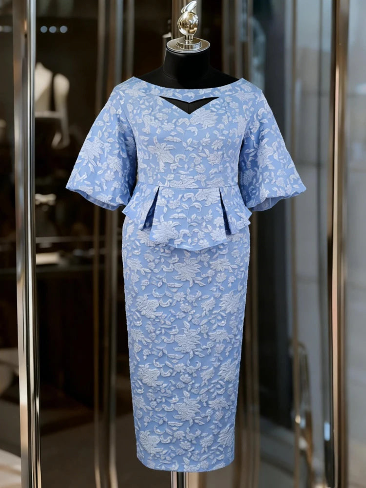 Women Jacquard Package Hip Dress Cut Out Boat Neck Half Puff Sleeves Peplum Weddings Church Evening Party Formal Occasions