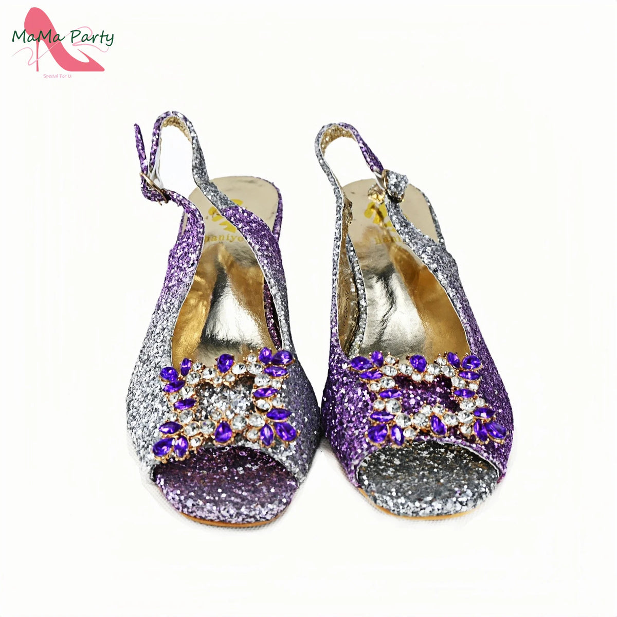 Purple Color New Design Italian Shoes and Bag Set for Wedding Low Heels Shinning Crystal Peep Toe Platform