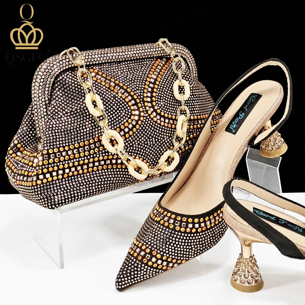 QSGFC New Italian Pumps and Bag To Party 2024 INS Style Pointed-Toe Rhinestone Elegant High Heels Champagne Wedge for Women