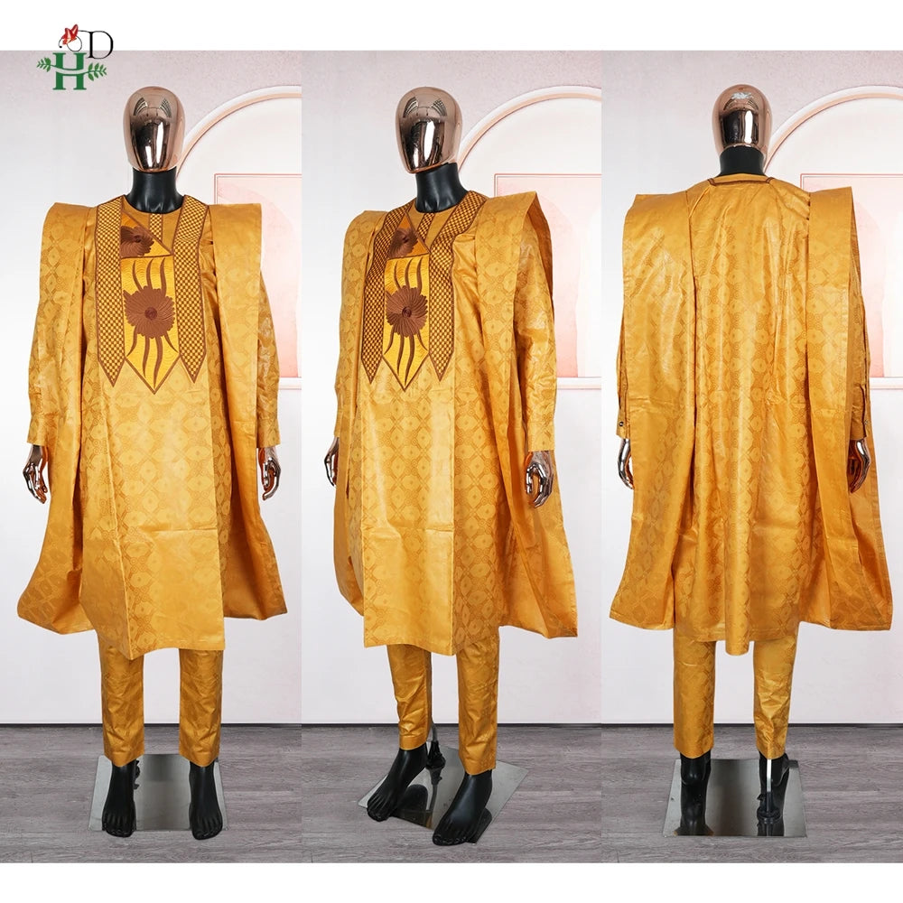 H&D African Clothes Men Native Wear Formal Traditional Embroidery Bazin Riche Dashiki Yellow Shirt Pants 3PCS Bubu Dress Suit