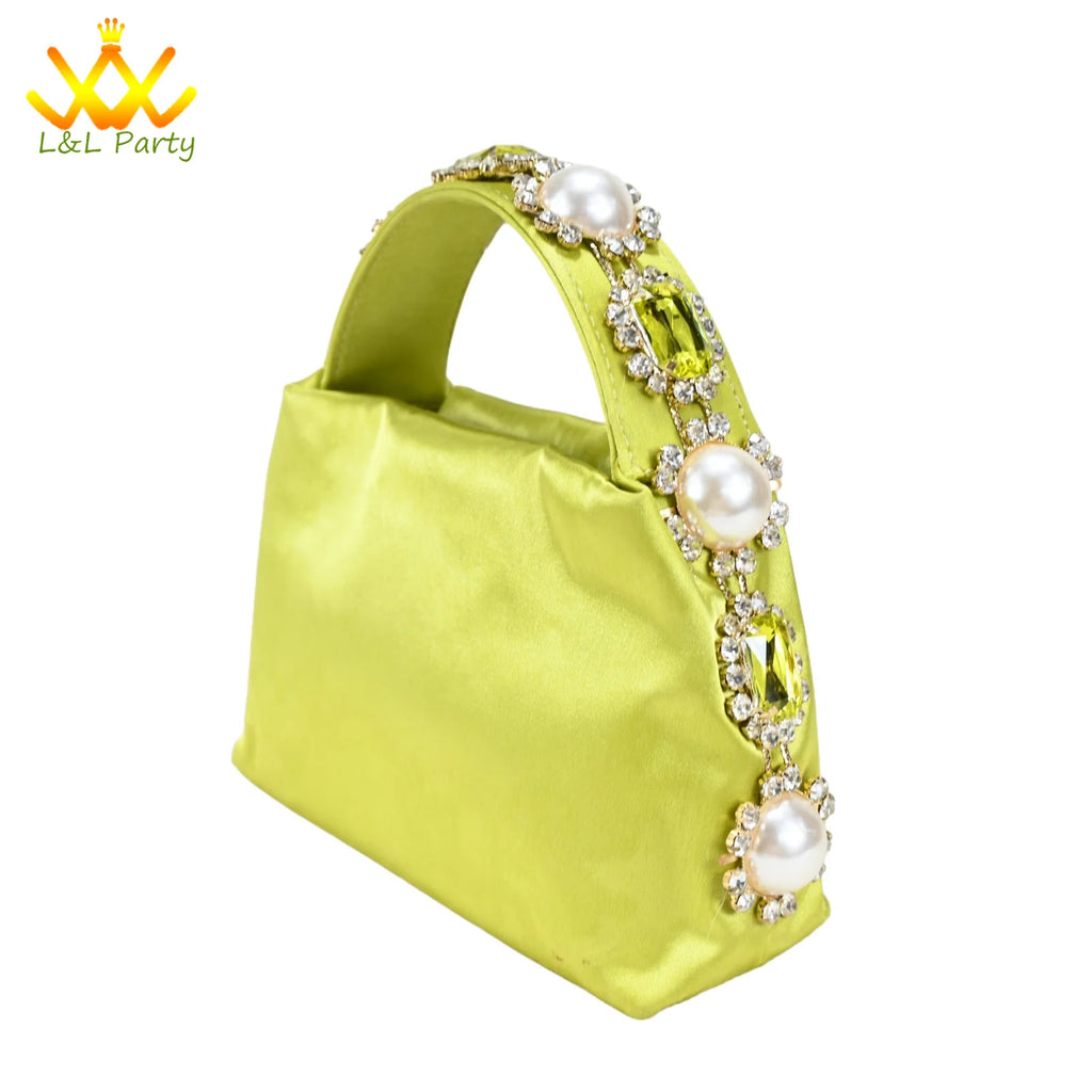 Shinning Crystal New Arrivals Comfortable Mid Heel Lemon Green Color Winter Newest African Shoes and Bag Set for Party