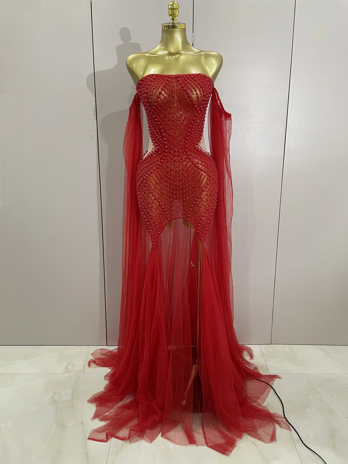 Elegant Sparkly Rhinestone White Pearl Sexy Strapless Mesh Long Dress Wedding Guest Gowns Luxury Birthday Evening Party Dress