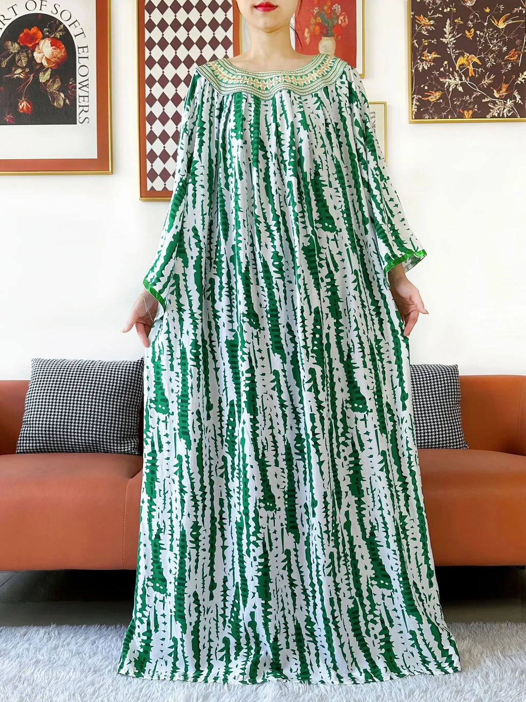 Summer Dress Embroidered Round Neck Cotton Women Long Loose Abaya Boho Maxi Dress Casual Fashion Dress African Vestidos