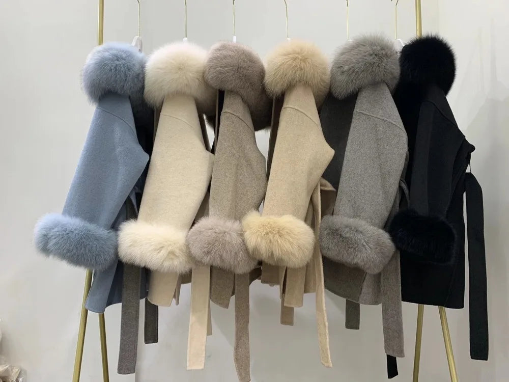 Faced Wool Ladies Winter Jacket Hooded coats Women Luxurious Real Fox Fur Coat Lose Clothing Cashmere Double