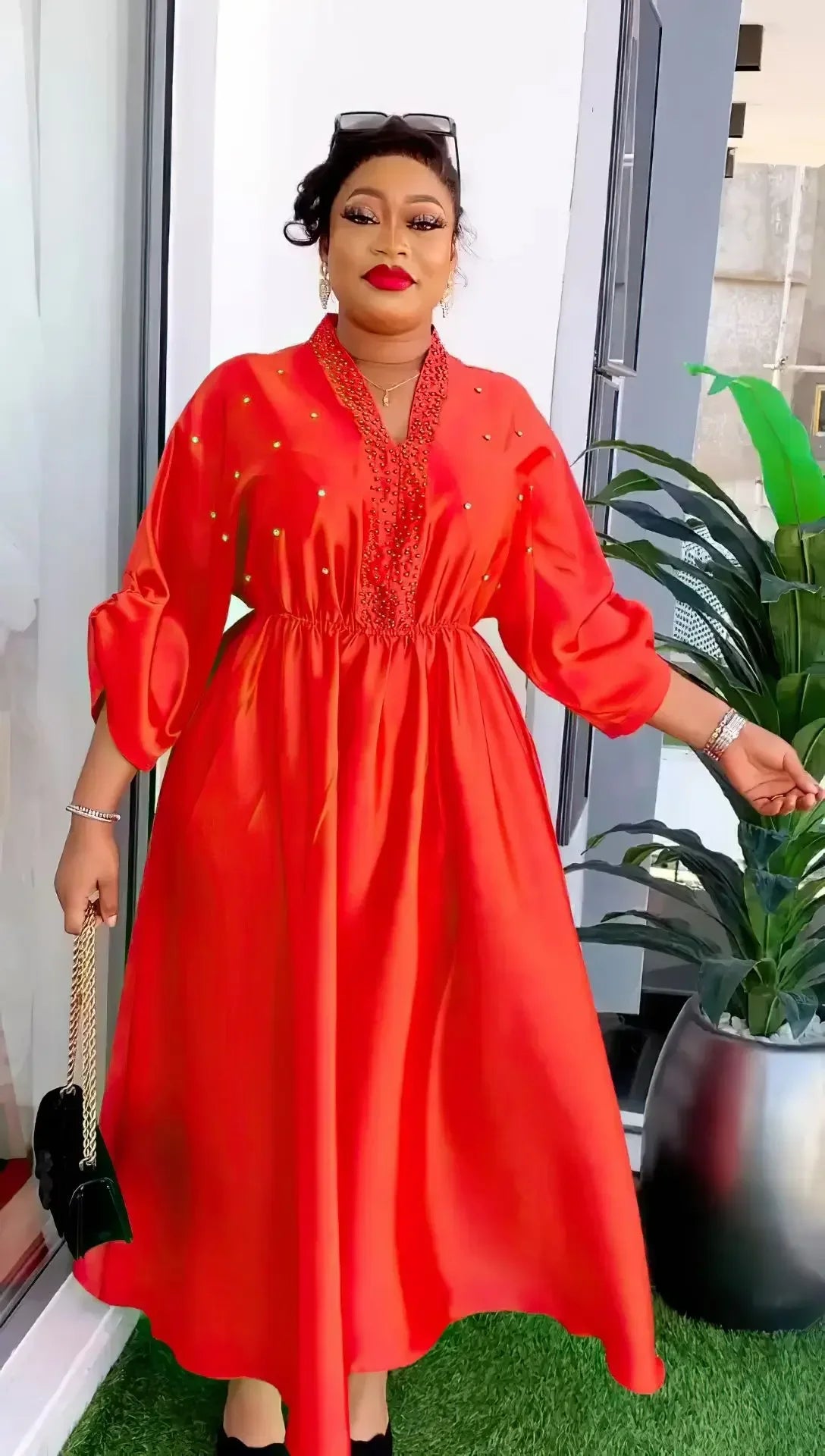 Women Elegant Shiny Satin Loose Party Dress V Neck Beading High Waist Long Gowns Formal Celebrate Evening Event Birthday Robes