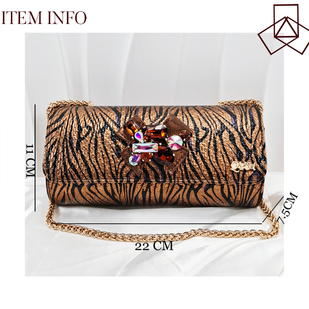 Queena Yan Striped and Leopord Design Mature Style Party Wedding Peep Toe High Heels and Bag Set Decorated With Rhinestone