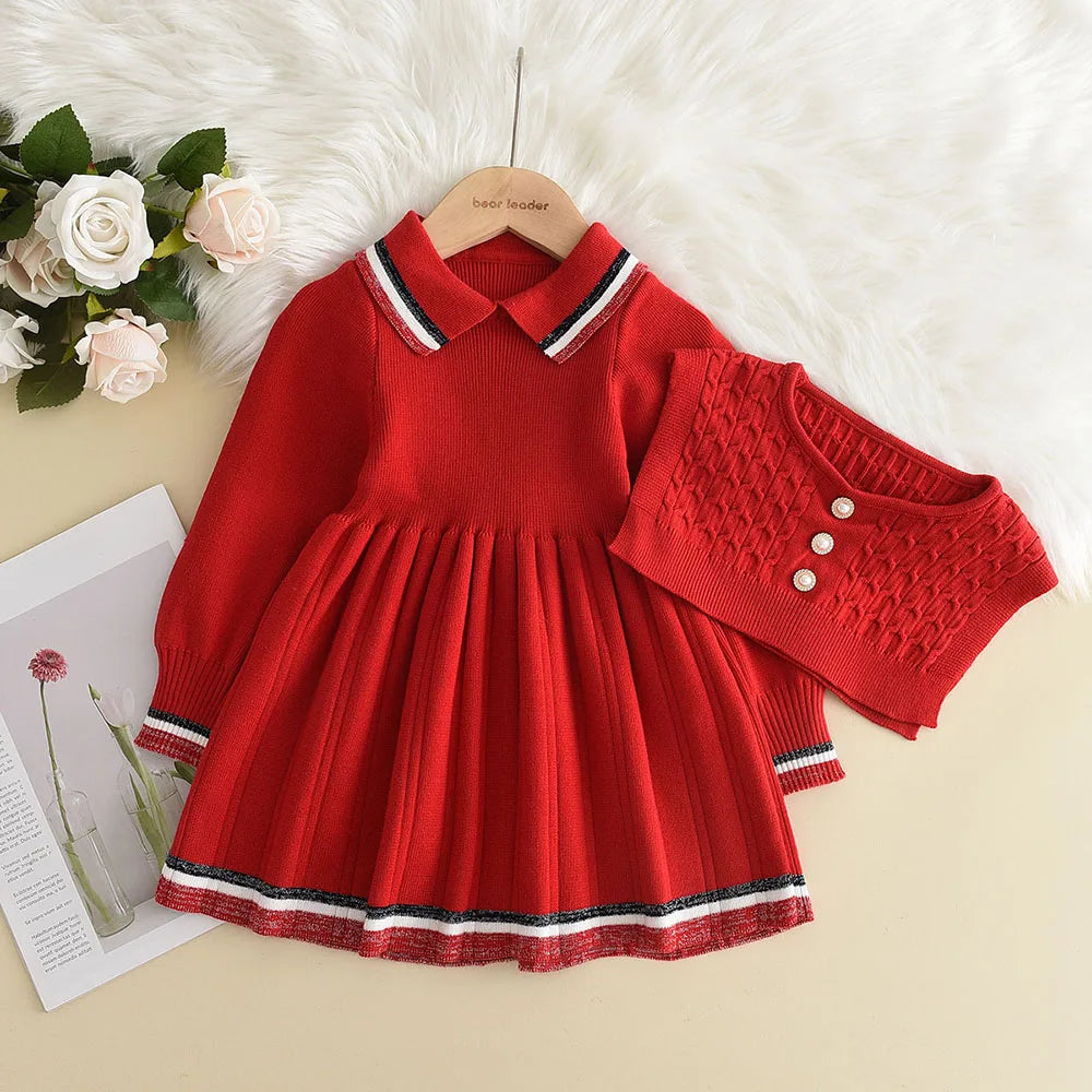 Bear Leader Autumn Winter Girls Sweater Long Sleeve Dress Vest Stripe Party Girl Baby Retro Knitted Wool Dress Casual Vestidos