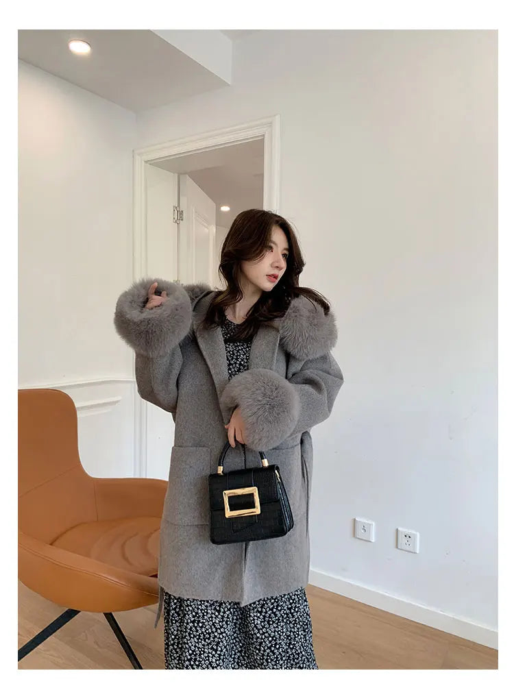 Faced Wool Ladies Winter Jacket Hooded coats Women Luxurious Real Fox Fur Coat Lose Clothing Cashmere Double