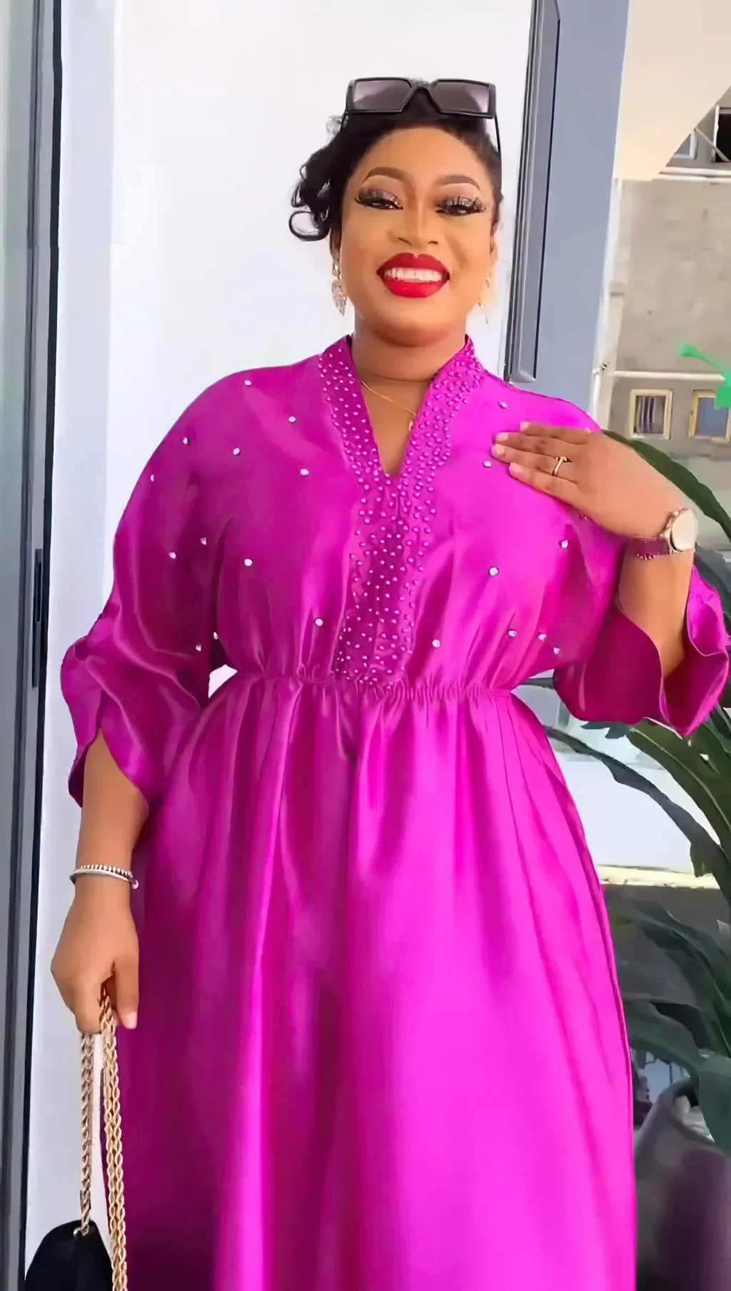 Women Elegant Shiny Satin Loose Party Dress V Neck Beading High Waist Long Gowns Formal Celebrate Evening Event Birthday Robes
