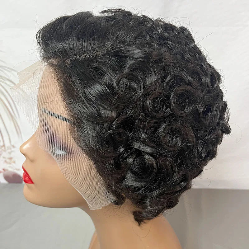 Short Wave Pixie Cut Wig Brazilian Virgin Human Hair Wave Wigs Glueless Easy Wear Curly Wigs Natural Black Color for Black Women