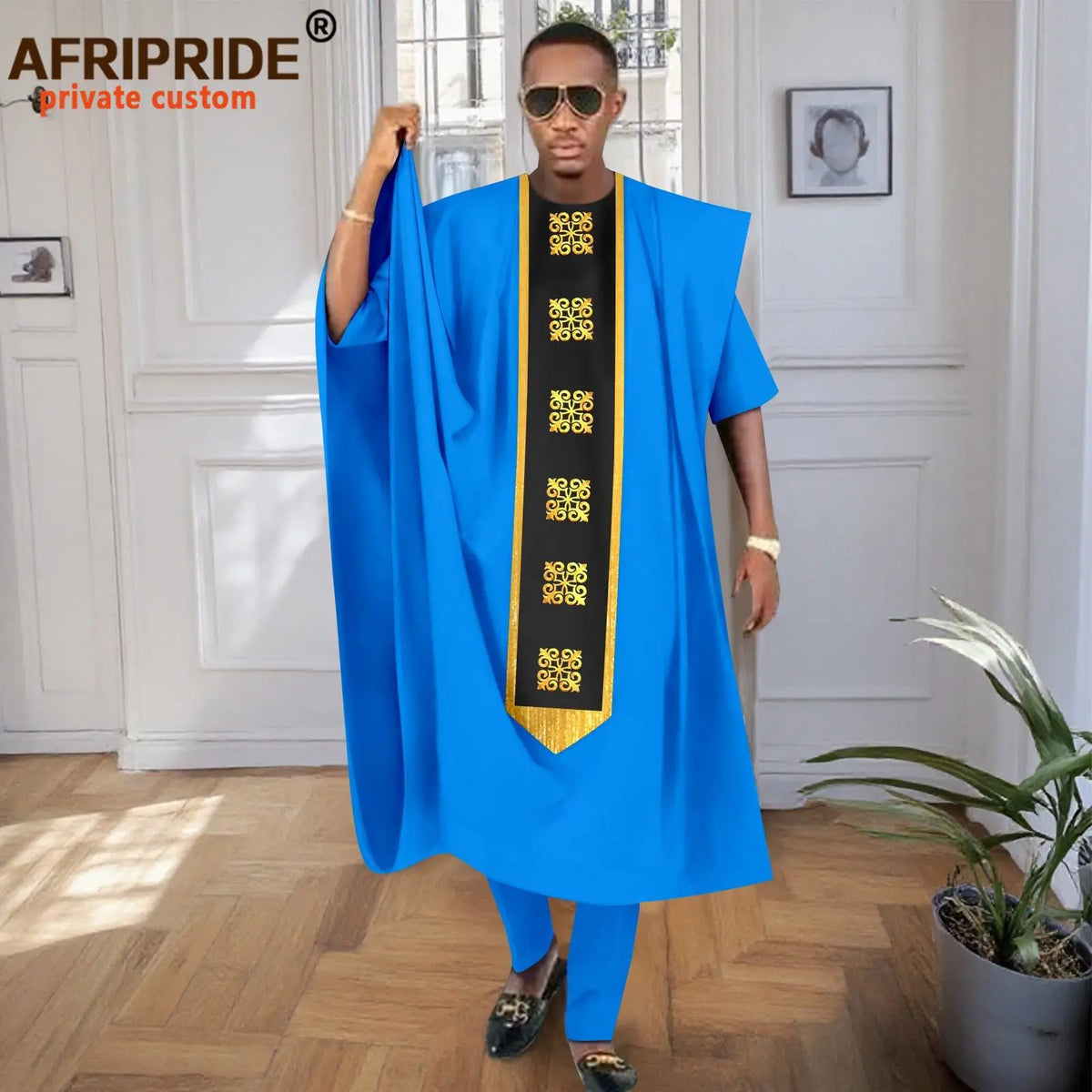 African Men Traditional Clothing Embroidery Agbada Robe Short Sleeve Shirts Pants 3 Piece Set Tribal Outftis for Wedding 2516078