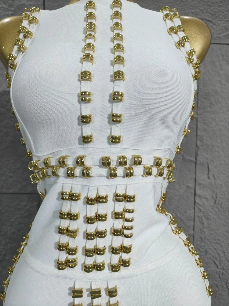 Real Rayon Bandage Midi Dress - High-Quality, Sleeveless with Beads, Thick Knitted Elastic for Vintage Party Occasions