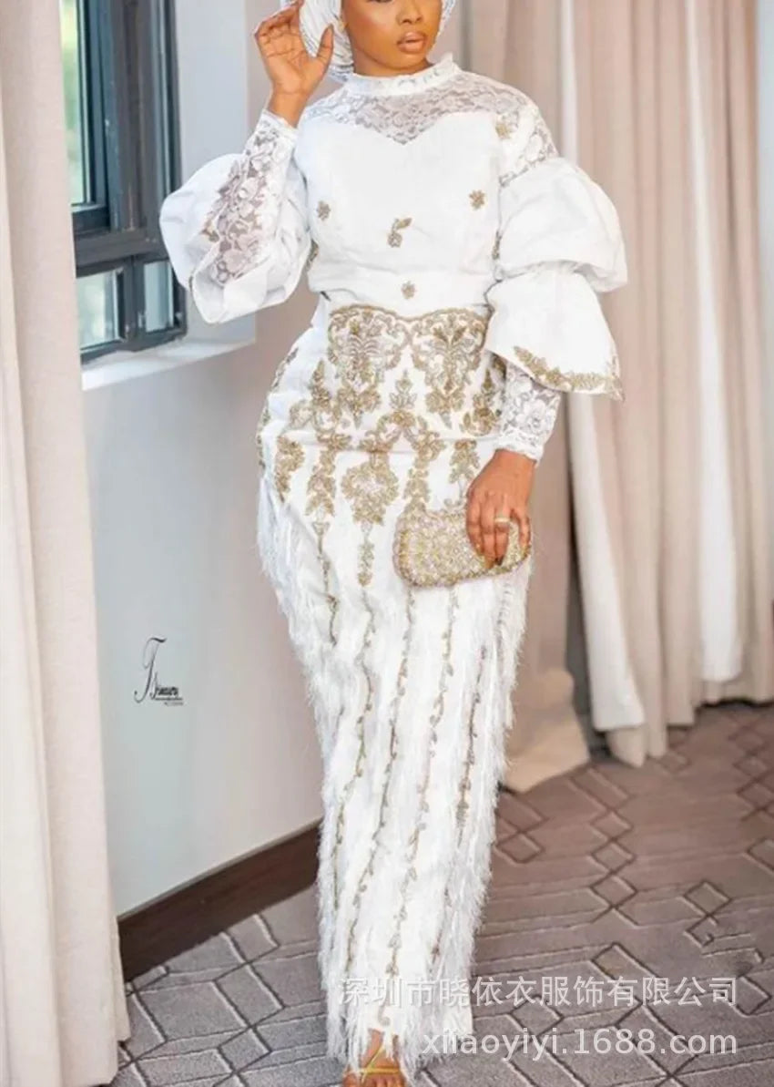 Women Print Skirt Sets Two Piece Stand Collar Full Sleeve Lace Spliced Tops Tassel High Waist Wrap Hip Vestidos Party Elegant