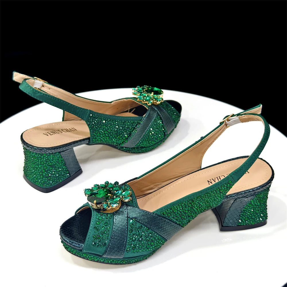 Venus Chan Elegant 2025 Gold Peep-Toe Heels with Diamond Accents - Italian Matching Pumps and Bag Set for Parties