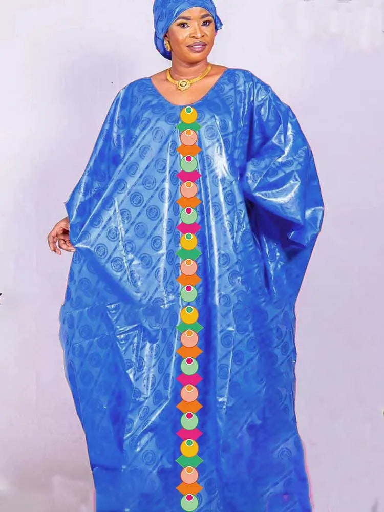 New African Bazin Long Dress for Women, Elegant Embroidered Abaya Party Dress with for Evening Gala Ball
