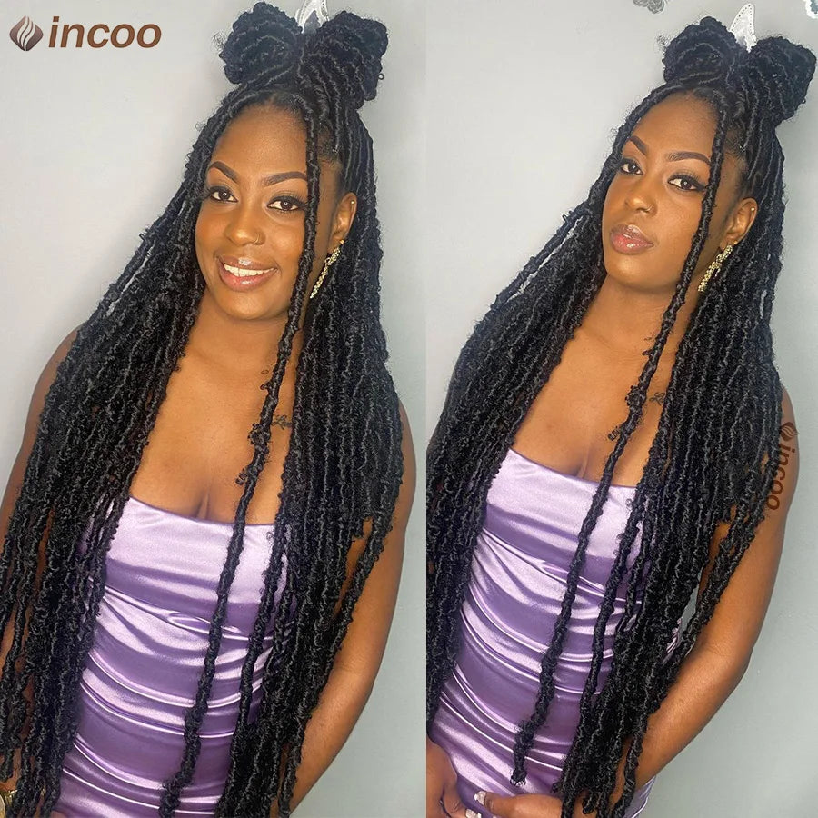 Locs Goddess Full Lace Synthetic Braided Wig 40'' Soft Butterfly Crochet Hair Wig Pre Looped Afro Box Braids Wig For Black Women