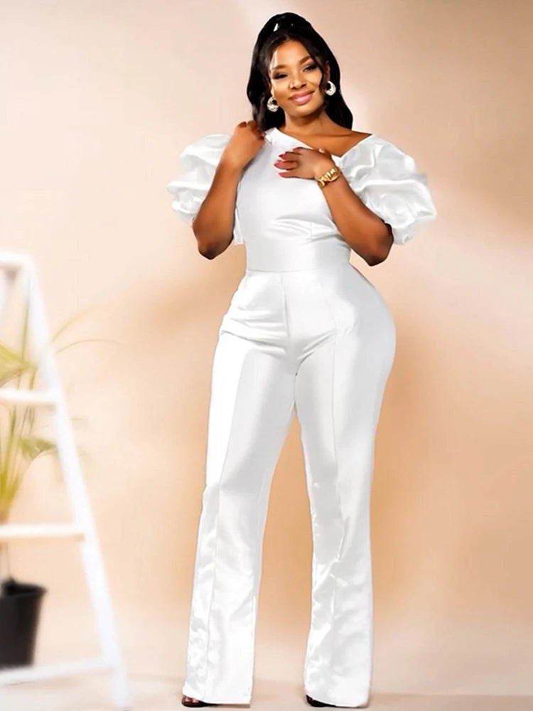 Satin Jumpsuit Woman High Quality Slash Neck Puff Sleeves Party Jumpsuits Woman Elegant Luxury Curvy Evening Jumpsuit Dress