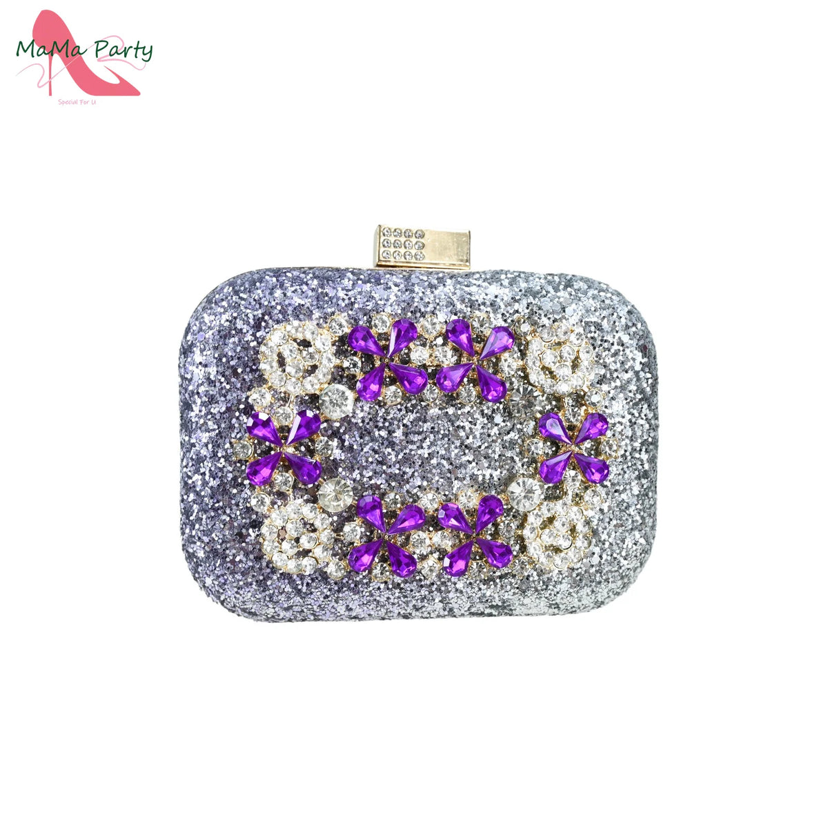 Purple Color New Design Italian Shoes and Bag Set for Wedding Low Heels Shinning Crystal Peep Toe Platform