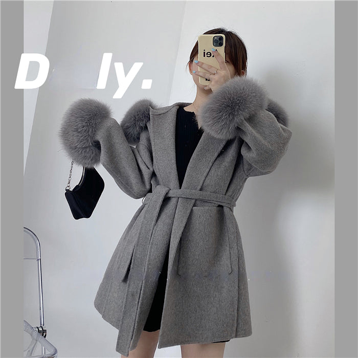 2024 New Oversize Ladies Outerwear Real Fur Coat Winter Jacket Women Natural Fox Fur Collar Cuffs Hood Cashmere Wool Woolen