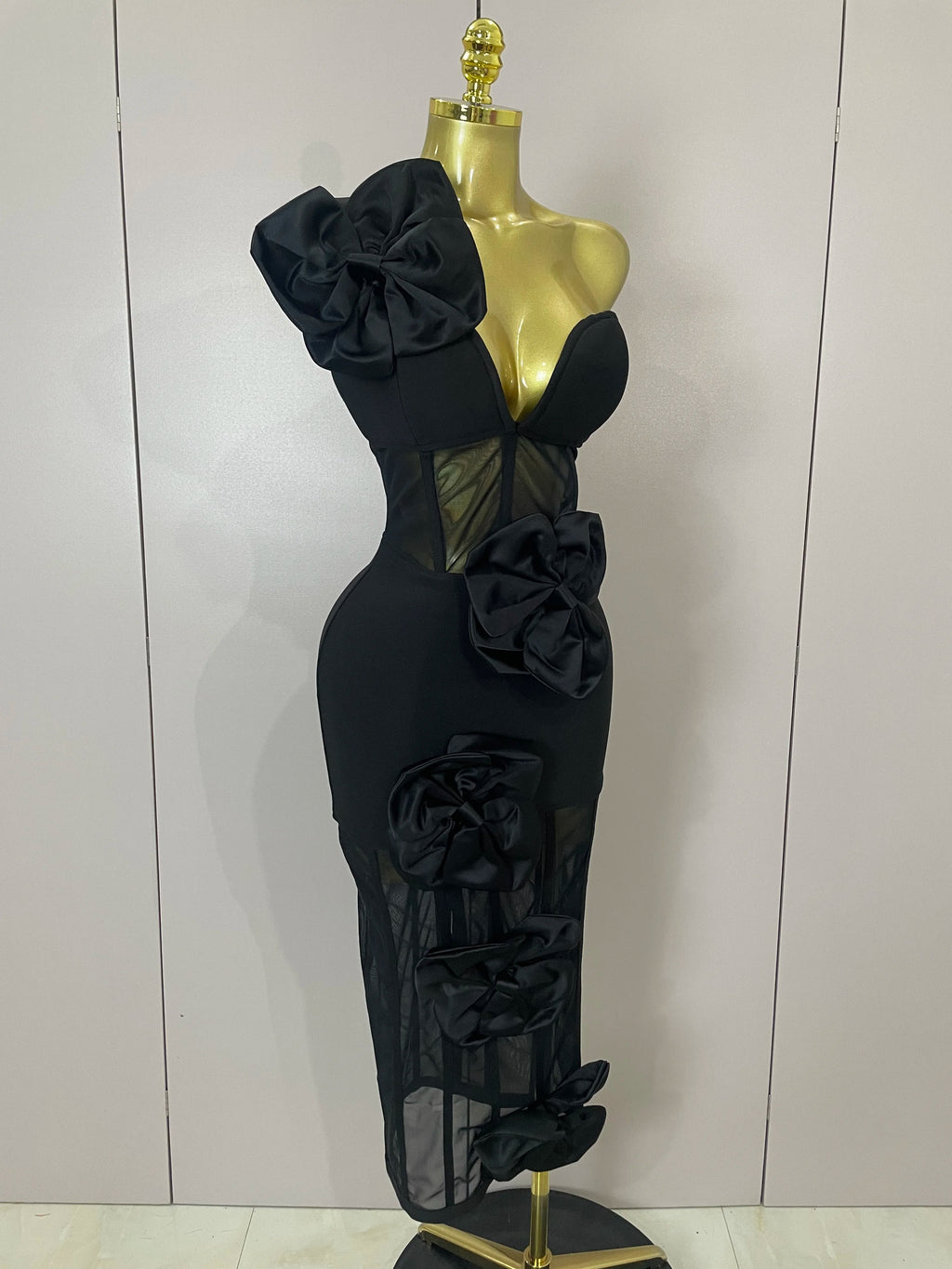 2025 Summer Women Elegant Party Birthday Dresses Sexy One Shoulder Bow Mesh See Through With Gloves Black Bandage Bodycon Dress