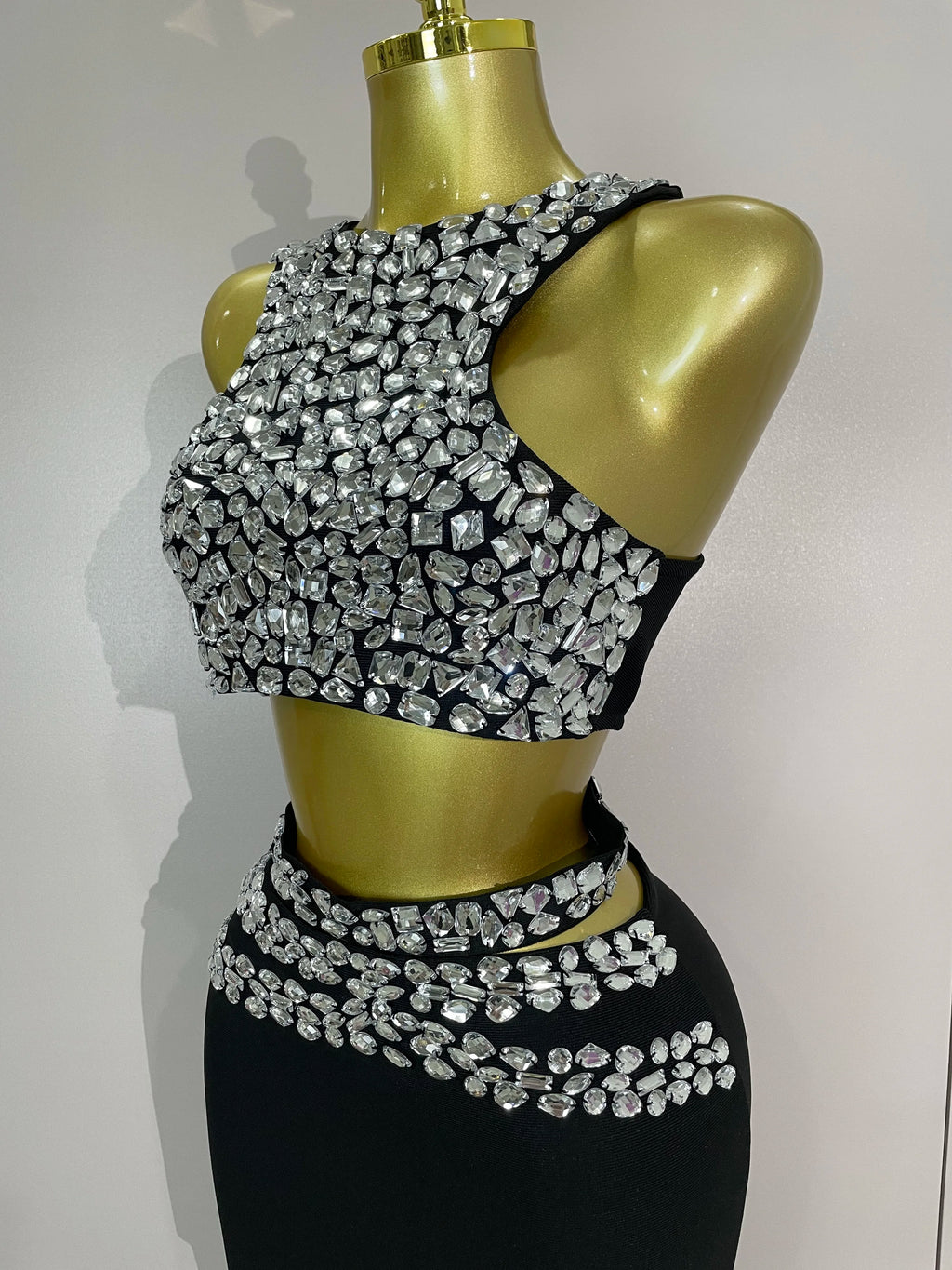 New Luxury Shining Sewed Diamond Black Long Bandage Two Piece Set Women Celebrate Evening Party Elegant Celebrity Birthday Dress