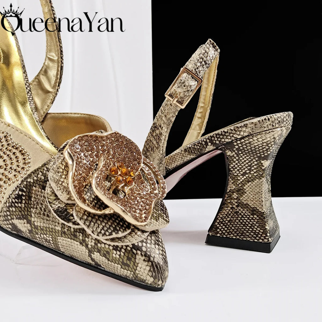 Queena Yan 2025 Elegant Lilac Color Women's Heels Handbag Set Rhinestone Embellished Designer Shoes for Weddings Special Events
