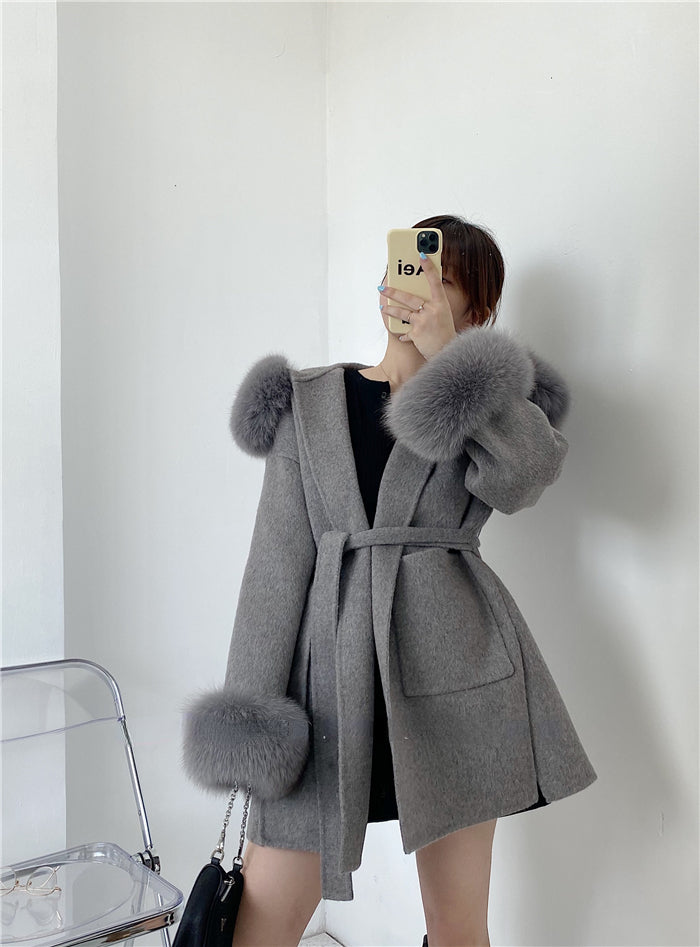 2024 New Oversize Ladies Outerwear Real Fur Coat Winter Jacket Women Natural Fox Fur Collar Cuffs Hood Cashmere Wool Woolen