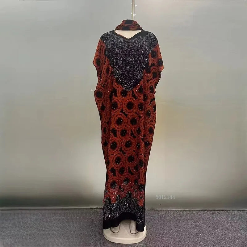 2025 New Fashion Middle Eastern Glitter Style Loose Pocket Robe African Print Elegant Ladies Plus Size Party Dress