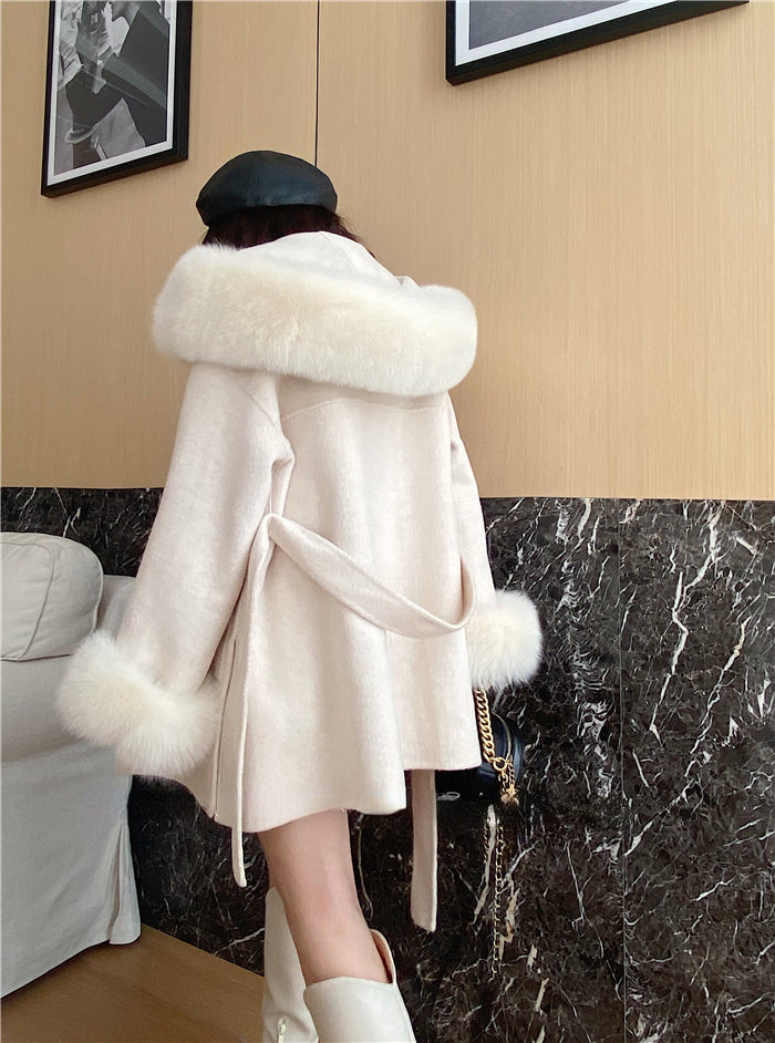 2024 New Oversize Ladies Outerwear Real Fur Coat Winter Jacket Women Natural Fox Fur Collar Cuffs Hood Cashmere Wool Woolen