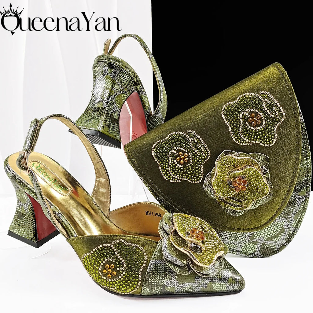 Queena Yan 2025 Elegant Lilac Color Women's Heels Handbag Set Rhinestone Embellished Designer Shoes for Weddings Special Events