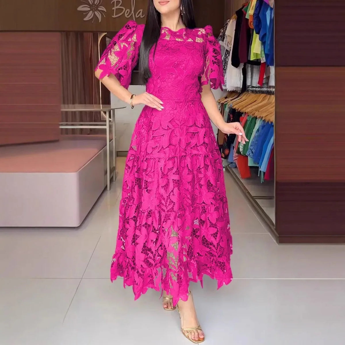 Elegant Lace Dress Irregualr Length Wedding Guest Bridal Shower for Bride Midi O Neck Hollow Out Women Classy Business Party New